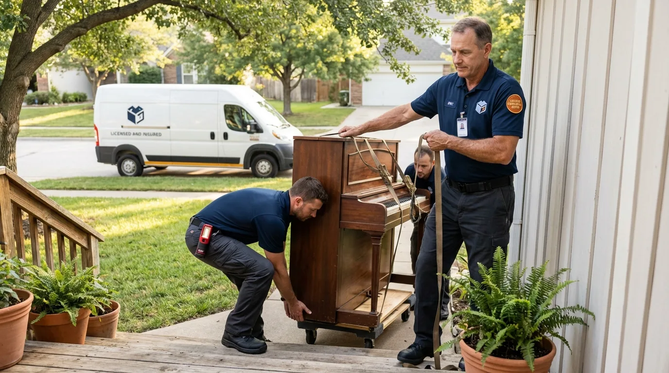 Licensed piano movers securing grand piano in Oquawka, IL