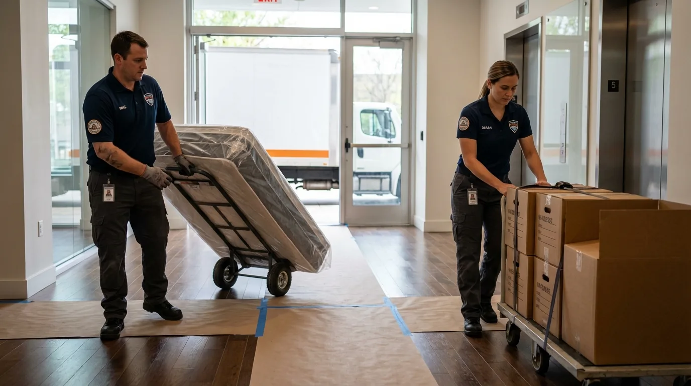 Professional apartment movers loading elevator in Oquawka, IL